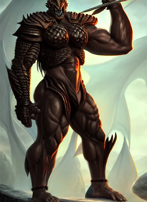 Prompt: muscular and tall dnd male dragonborn!!!! draconian!! character concept art, sharp focus, octane render! unreal engine 5! highly rendered!! trending on artstation!! detailed linework!! illustration by artgerm, wlop, and chie yoshii