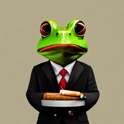 Image similar to a high quality photo of an antropomorphic frog wearing a suit smoking a cigar, 3d scene, render, ultra realistic, artstation, cgsociety