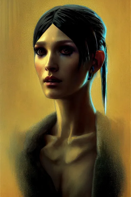 Image similar to character portrait cyberpunk blade runner 2 0 4 9 ( ( ( ( ( ( ( ( totally definitely not negative no not girl with the pearl earring inspired, well maybe a little ) ) ) ) ) ) ), character design, painting by gaston bussiere, katsuya terada, frank frazetta, tom of finland, trending on artstation