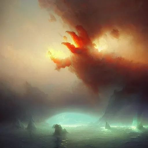 Image similar to ''cinematic shot'' devil fighting god clouds rainny foggy magical particles floating realistic atmosferic made by ivan aivazovsky, peter mohrbacher, greg rutkowski volumetric light effect broad light oil painting painting fantasy art style sci - fi art style realism premium prints available artwork unreal engine