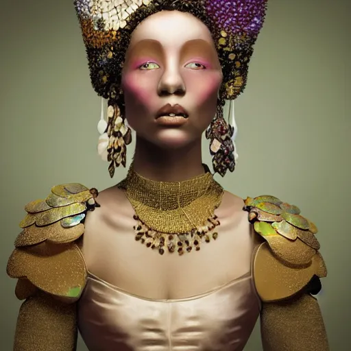 Prompt: medium shot of a brown - skinned woman wearing an armor made of shimmering and colorful mother of pearl shells. coherent face. soft. fragile. by ray caesar. by louise dahl - wolfe. by anna claren. surreal photography