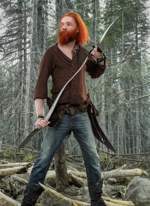 Prompt: grungy redhead 30-something scruffy bearded shoulder-length hair swordsman holding a short curved sword in a ultradetailed pacific northwest redcedar forest, smooth. sharp focus, grunge dingy matte painting detailed,