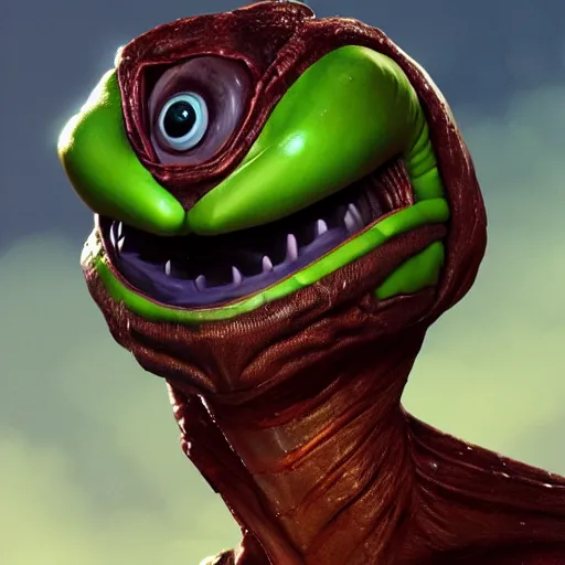Image similar to pepe as alien game character, 3d, realistic, hyper details, dramatic light, wide angle, artstation