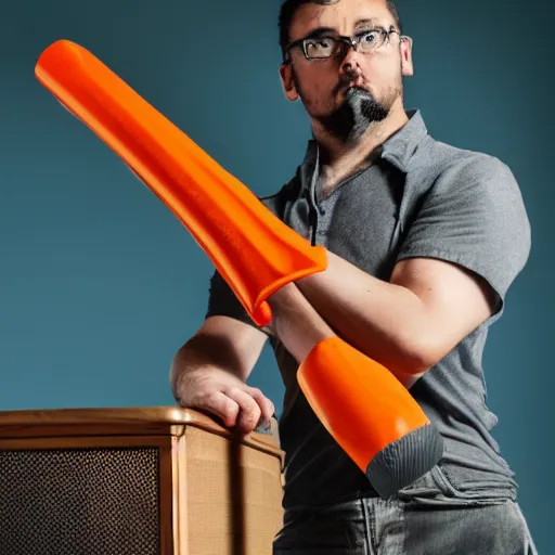 Image similar to a photo of a discord moderator holding a big hammer and looking angrily at a screen