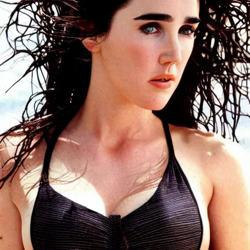 Image similar to Portrait Photography, medium closeup of young jennifer connelly poses in 2 Piece Mini Micro Push Up Swimsuits at summer beach, confident pose, fierce expression, intricate details, detailed face, detailed illustration, impressive lighting, symmetrical features, ultra detailed, 12 megapixels