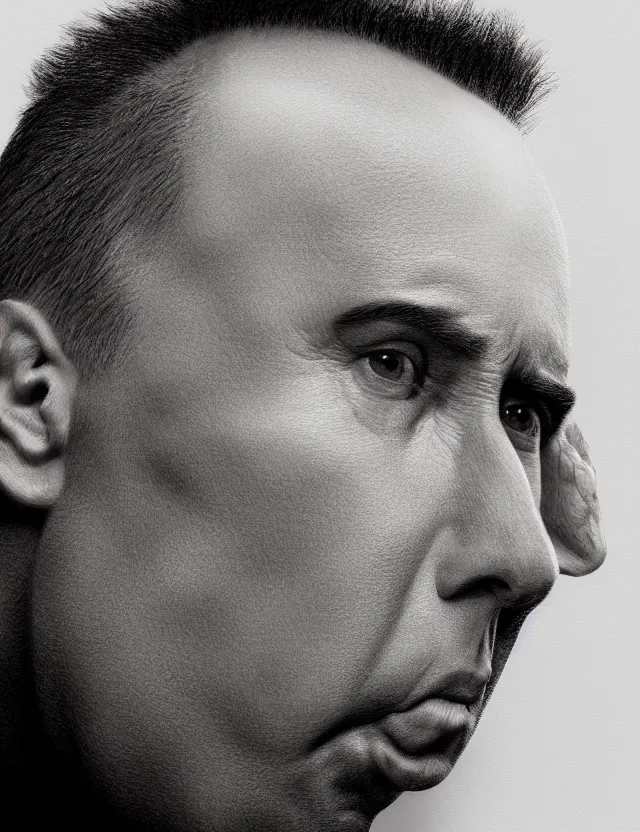 Image similar to portrait of bald nicolas cage neutral expression face straight on headshot even lighting no hair, trending on artstation