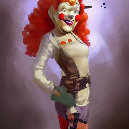 Image similar to portrait of beautiful clown girl in team fortress 2 style, tragic, military art, concept art, fantasy, hd shot, digital portrait, beautiful, artstation, comic style, by artgerm, guy denning, jakub rozalski, magali villeneuve and charlie bowater