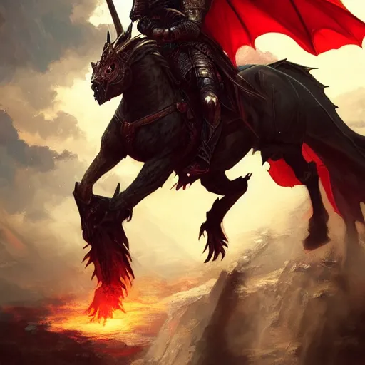 Prompt: a knight in armor riding his horse fighting a fiery red dragon, cinematic dramatic wide angle portrait, MtG, D&D, fantasy, intricate, elegant, highly detailed, digital painting, artstation, concept art, smooth, sharp focus, illustration, art by artgerm and greg rutkowski and alphonse mucha