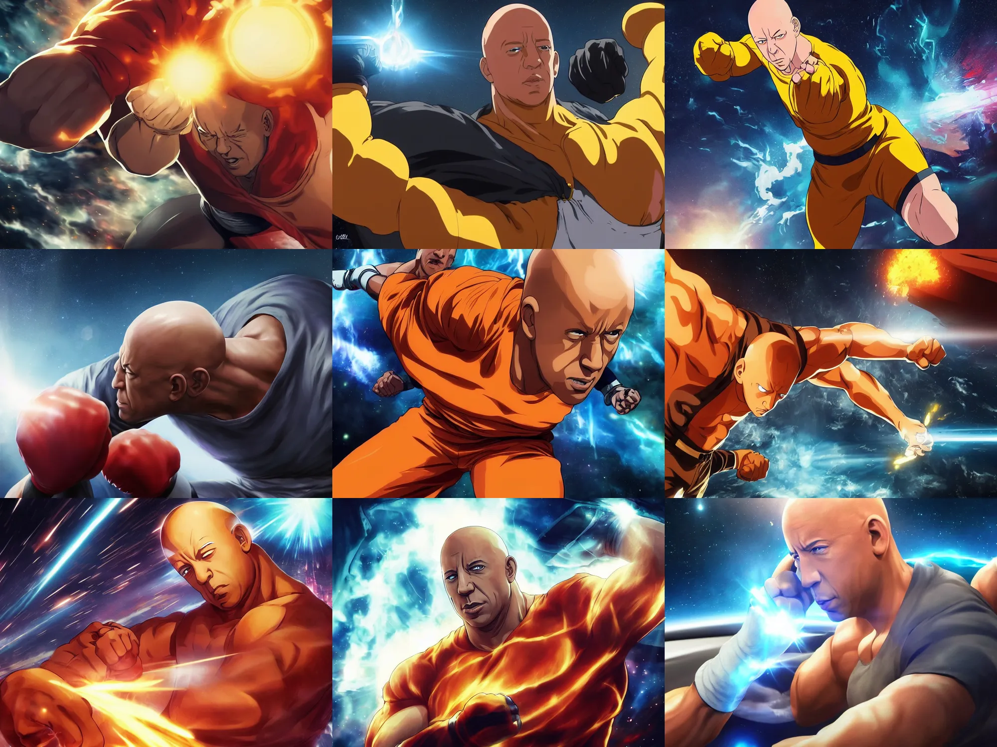 Prompt: vin diesel as saitama punching!!! a car!!! into space, ultra realistic, lens flare, atmosphere, glow, detailed, intricate, full of colour, cinematic lighting, trending on artstation, 4 k, hyperrealistic, focused, extreme details, unreal engine 5, cinematic, masterpiece