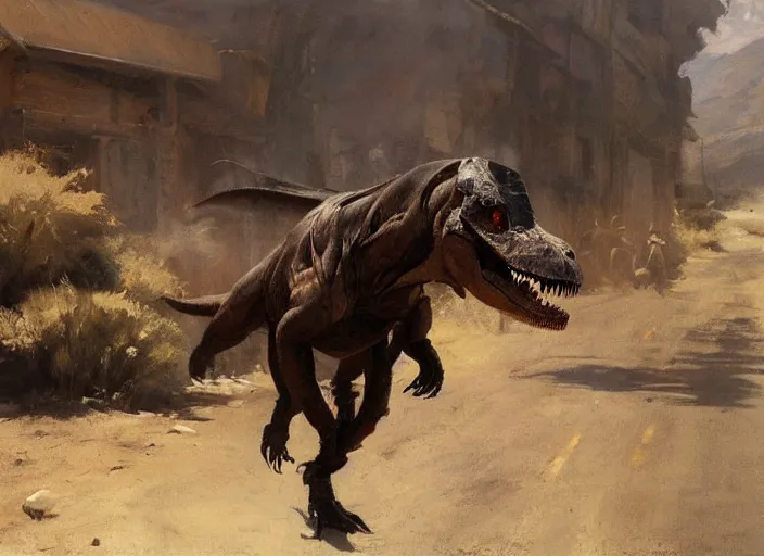 Prompt: oil painting of tyrannosaurus rex in dusty wild west street, art by anders zorn, wonderful masterpiece by greg rutkowski, beautiful cinematic light, american romanticism by greg manchess, jessica rossier