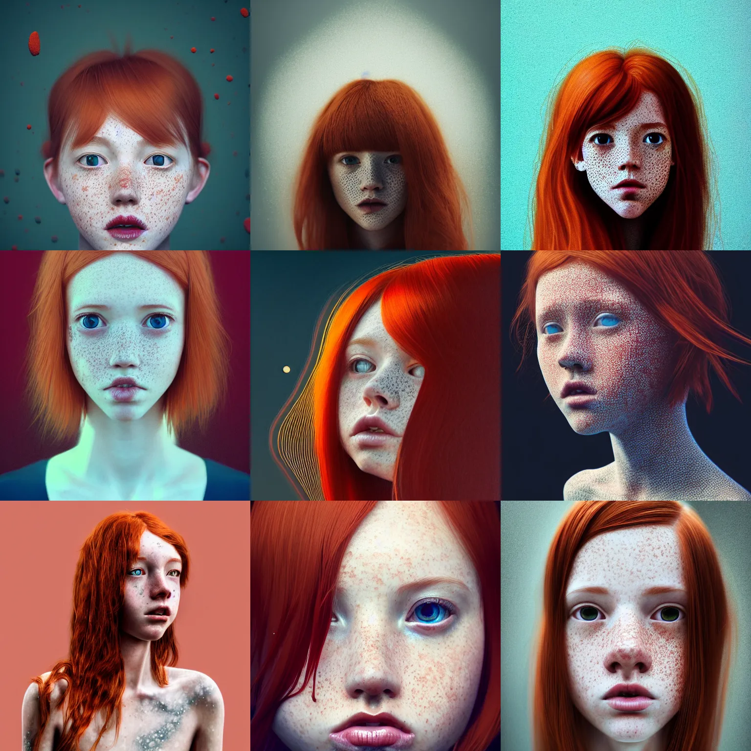 Prompt: full length photo of a redheaded petite teenage girl with freckles. intricate abstract. intricate artwor, by Tooth Wu, wlop, beeple, dan mumfor, , greg rutkowski, trending on artstation, very coherent symmetrical artwork, perfect face, 35 mm, cinematic, hyper realism, high detail, octane render, 8k, chrome accents, studio lightning