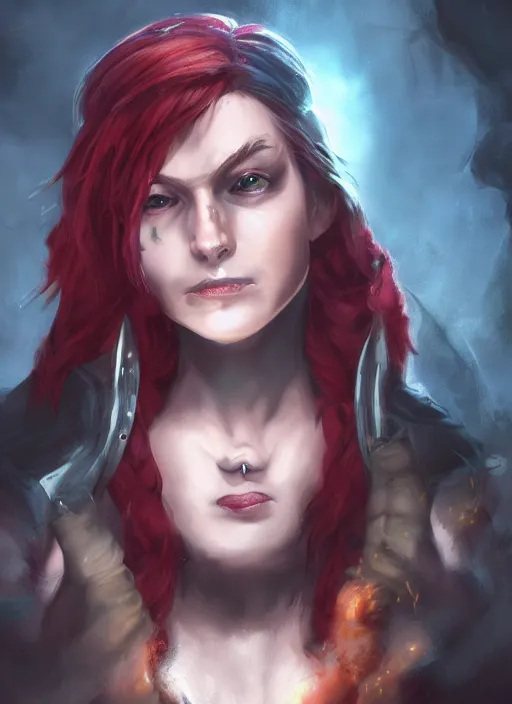 Image similar to A fantasy comic book style portrait painting of a 30 year old female as a pirate wizard in a atmospheric dark fortress, unreal 5, DAZ, hyperrealistic, octane render, RPG portrait, ambient light, dynamic lighting, tribal tattoo, eye patch, red head, witch, sorcerer