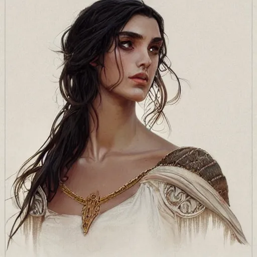 Image similar to Portrait of a Greek Supermodel, olive skin, long dark hair, beautiful bone structure, intricate, elegant, highly detailed, digital painting, artstation, concept art, smooth, sharp focus, illustration, art by artgerm and greg rutkowski and alphonse mucha