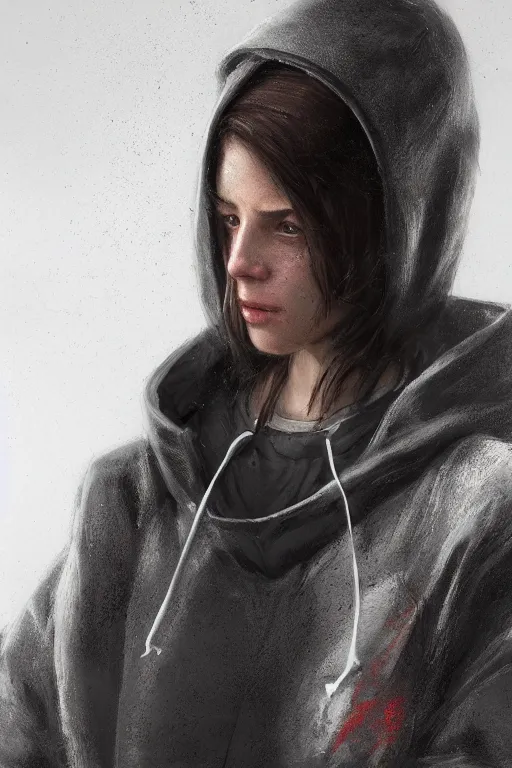 Image similar to A portrait of a women wearing a techwear hoody by Greg Rutkowski, Sung Choi, Mitchell Mohrhauser, Maciej Kuciara, Johnson Ting, Maxim Verehin, Peter Konig, Resident evil , 8k photorealistic, cinematic lighting, HD, high details, dramatic, atmospheric , trending on artstation