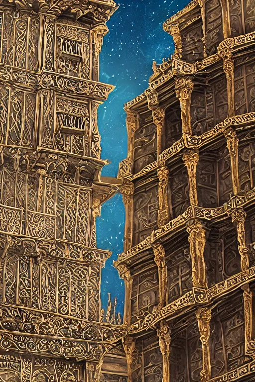 Image similar to ancient silver tower of the moon, distance view, fairytale illustration, elaborate carved latticed balconies, tall windows, moorish architecture, formal gardens, dramatic cinematic lighting, soft colors, golden age illustrator, unreal engine