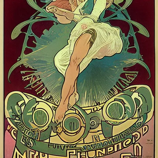 Image similar to Advertising for futuristic car by Alphonse Mucha