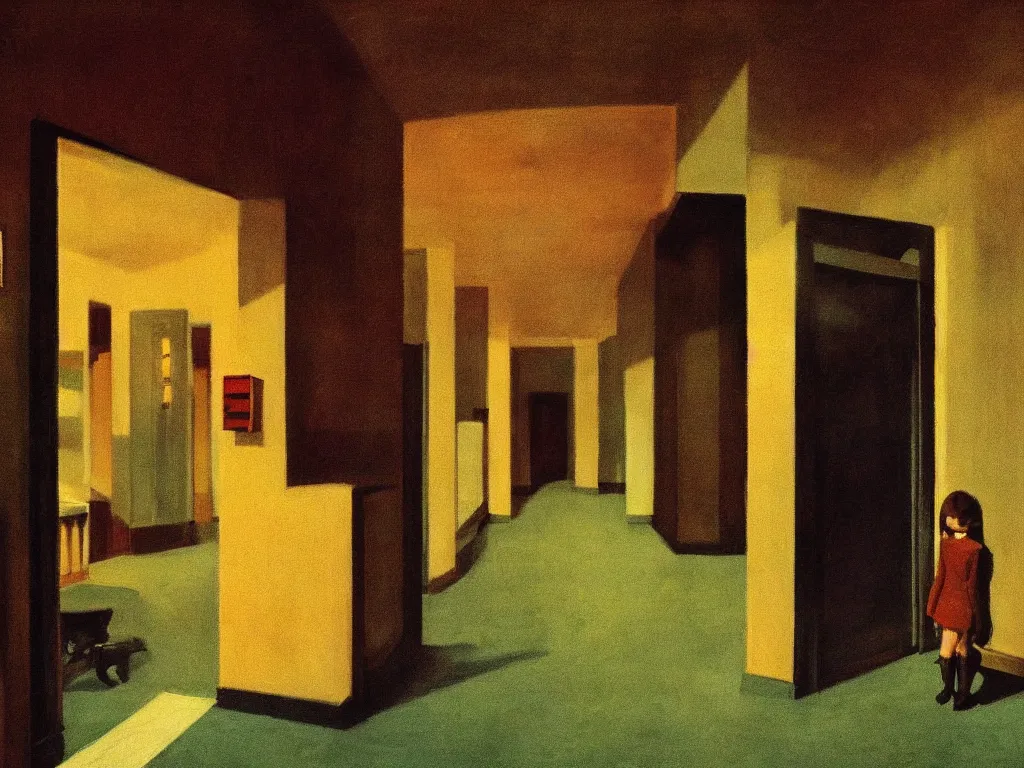 Prompt: the shinning hotel hallway, 70s, americana vibrant colors, dim, dark, lone scary silhouette in the distance, cinematic, ultra view angle view, realistic detailed painting by edward hopper