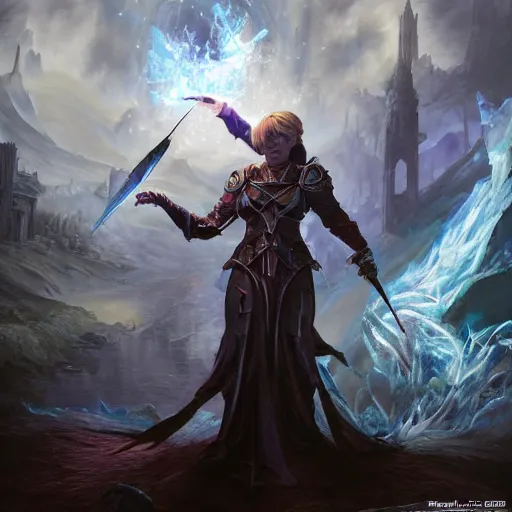 Image similar to Angela Merkel casting epic spell, magic the gathering artwork, D&D, fantasy, cinematic lighting, centered, symmetrical, highly detailed, digital painting, artstation, concept art, smooth, sharp focus, illustration, volumetric lighting, epic Composition, 8k, art by Akihiko Yoshida and Greg Rutkowski and Craig Mullins, heroic pose, oil painting, cgsociety, magic lab background