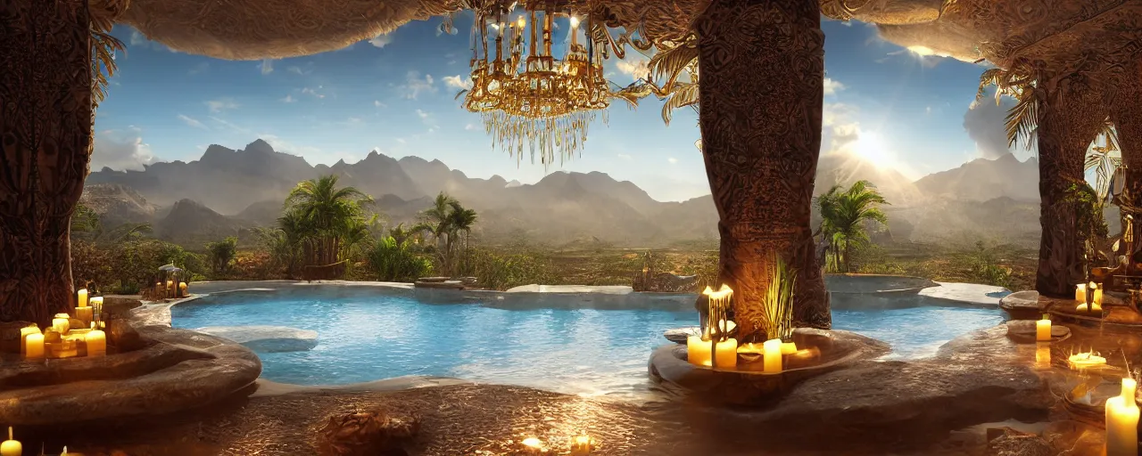 Image similar to surreal hyper luxury spa with intricate golden details with view to arid mountains and palm forest, god rays, candles, ultra detailed, photorealism, sharp focus, volumetric light, global illumination