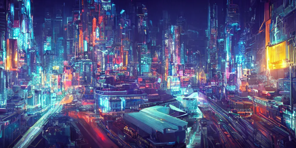 Prompt: A city landscape at night, neon ligths, hyperrealistic, V-Ray 8k UHD, trending on artstation, Futurism, Art Nouveau, blue sky