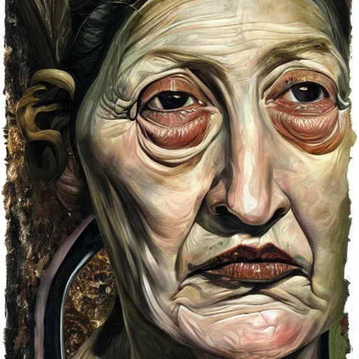 Image similar to high quality high detail painting by lucian freud, hd, portrait of dark woman witch