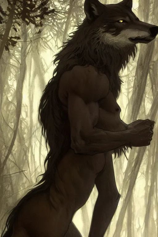 Prompt: full figure beautiful young fit antrophomorphic male wolf, bared teeth and long claws, dark scene, by greg rutkowski and alphonse mucha, d & d character, gradient black to silver, in a forest at night, highly detailed portrait, digital painting, artstation, concept art, smooth, sharp focus illustration, artstation hq