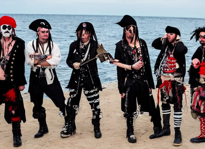 Prompt: Pirates on the open sea, dressed as punk rockers