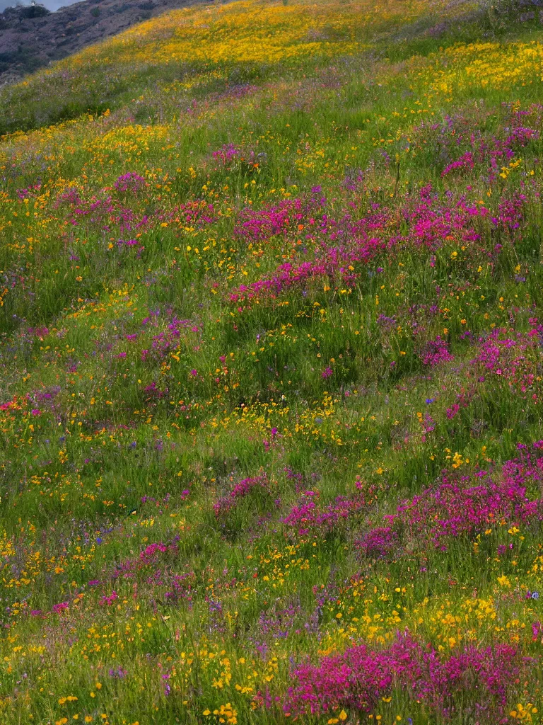 Prompt: wildflowers on the hillside by disney concept artists, blunt borders, rule of thirds, golden ratio, godly light