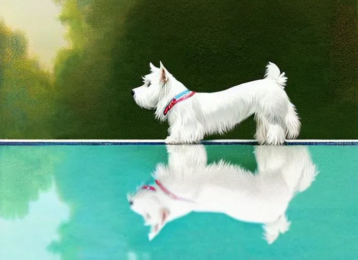 Image similar to west highland white terrier sitting by a pool, bright, reflections, intricate, sharp focus, lens flare, bloom, illustration, highly detailed, digital painting, concept art, matte, art by ruan jia and wlop and greg rutkowski, masterpiece