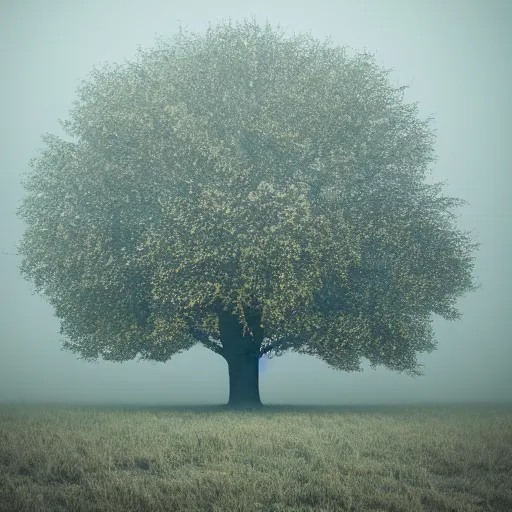 Image similar to a flaming oak tree in an open field with fog, horror, ultrarealism, 8k