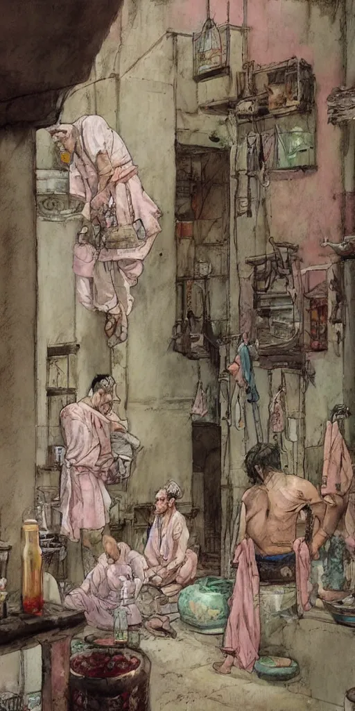 Image similar to pastel colors oil painting scene from hamam by kim jung gi