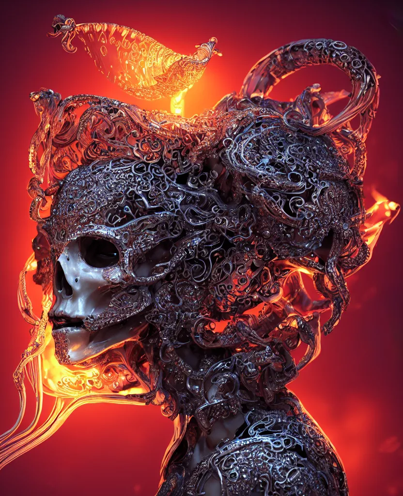 Image similar to close-up macro portrait of the face of a beautiful princess with animal skull mask, epic angle and pose, symmetrical artwork, 3d with depth of field, blurred background, cybernetic jellyfish female face skull phoenix bird, translucent, nautilus, energy flows of water and fire. a highly detailed epic cinematic concept art CG render. made in Maya, Blender and Photoshop, octane render, excellent composition, cinematic dystopian brutalist atmosphere, dynamic dramatic cinematic lighting, aesthetic, very inspirational, arthouse. y Greg Rutkowski, Ilya Kuvshinov, WLOP, Stanley Artgerm Lau, Ruan Jia and Fenghua Zhong