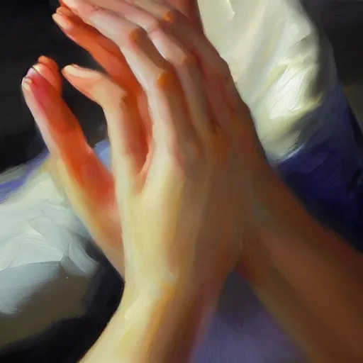 Prompt: super close - up of a beautiful woman's hand, morning, highly detailed, ultrarealistic oil painting, vladimir volegov, artstation