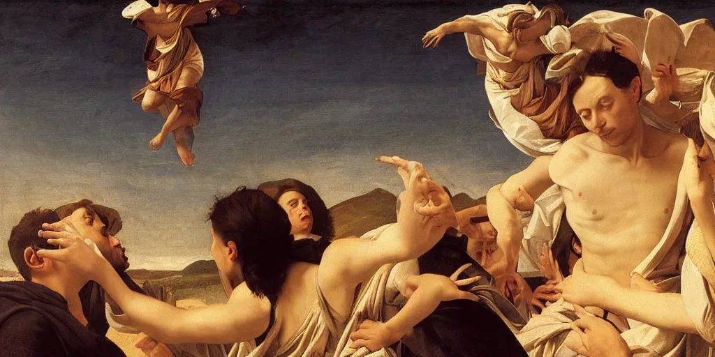 Image similar to beautiful oil matte portrait painting, people dancing among the clouds, flying in the sky, wonderful masterpiece highly detailed, beautiful cinematic light deep focus, elegant, digital painting, smooth, sharp focus, golden ratio, dramatic illumination, ultra realistic, 8 k, art by giovanni bellini and caravaggio