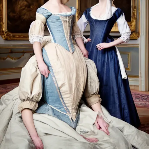 Image similar to two young attractive beautiful scandinavian women wearing an 1 8 th century dress in versailles, cinematic, 8 k hdr, detailed, hyperrealistic