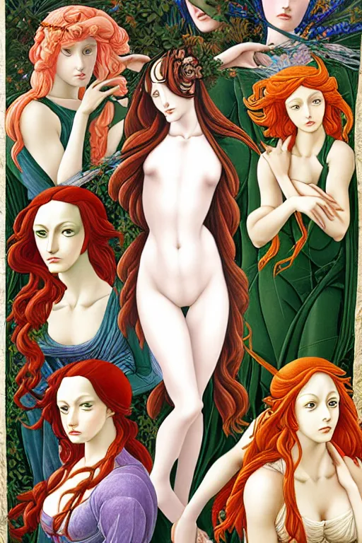 Image similar to 12 figures, representing the 4 seasons, (3 as Spring, 3 as Summer, 3 as Autumn, and 3 as Winter), in a mixed style of Botticelli and Æon Flux, inspired by pre-raphaelite paintings, shoujo manga, and cyberpunk, stunningly detailed, elaborate inking lines, pastel colors, 4K photorealistic