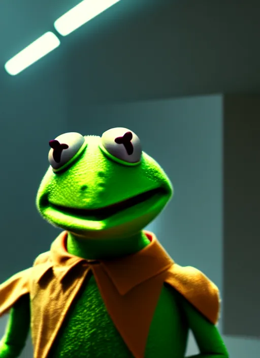 Image similar to kermit the frog in t - 4 5 power armor, fallour 4 ps 5 screen shot, octane render, cinematic lighting, sharp detail, 5 k