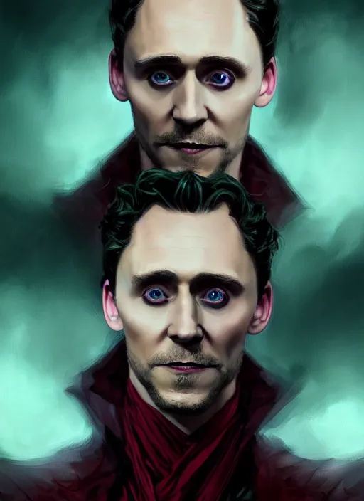 Image similar to portrait of tom hiddleston as a vampire lord, crimson peek, jewelry, greek, emerald, intricate, headshot, highly detailed, digital painting, artstation, concept art, sharp focus, cinematic lighting, illustration, art by artgerm and greg rutkowski, alphonse mucha, cgsociety