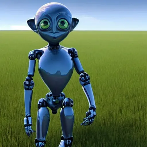 Image similar to a robot that looks like Gollum being tested in a plain field, photorealistic