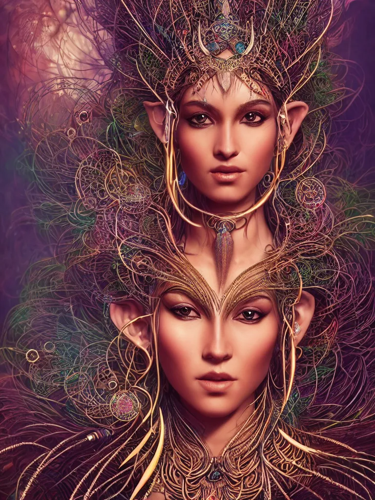 Image similar to a centered render of a single alluring mystical tribal goddess adorned with feathers and gemstones and cables and synthesizer parts is surrounded by sacred geometry made from elven architecture, full body, gorgeous, perfect face, powerful, cinematic, beautifully lit, by artgerm, by karol bak, 3 d, trending on artstation, octane render, 8 k