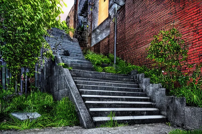 Image similar to small overgrown urban garden at twilight in Montreal backalley, brick wall, metal staircase, overcast sky, moonlight, volumetric lighting, cell-shading, blue and black color scheme