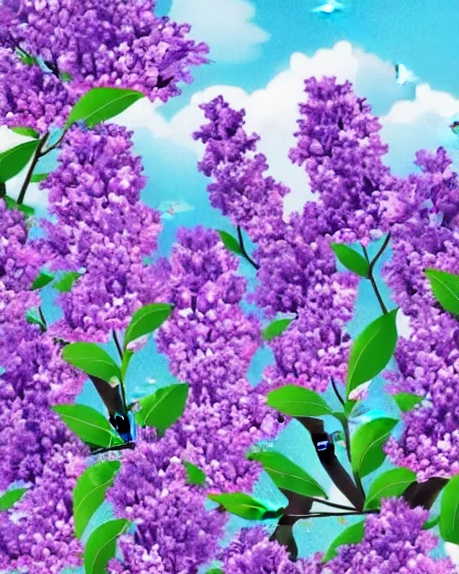 Image similar to lilac flowers, lilac blooms, spring, blue sky, may bug, white clouds, romanticism, the art style and print