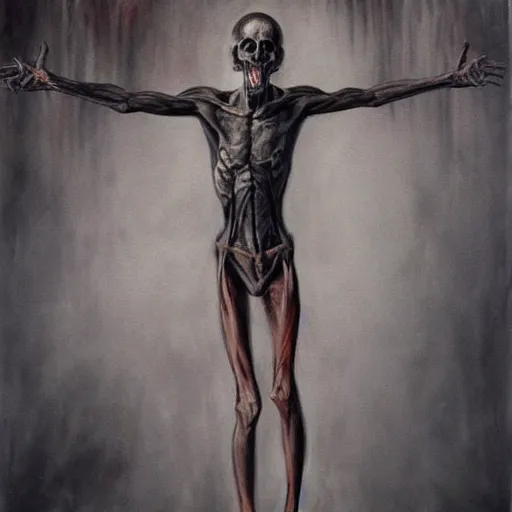 Image similar to death-camp-survivor-super-skinny-emaciated-horribly-skinny-Demon-Haunting painting by Thomas-Montacellinio