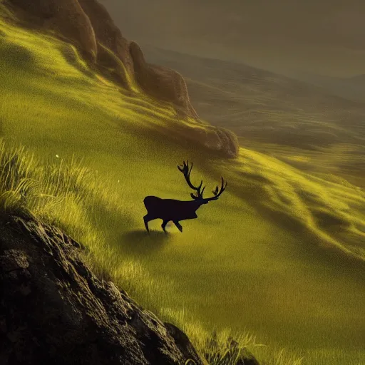 Image similar to Illustration of a stag on a hillock looking over the valley, concept art, ambient light, dynamic lighting