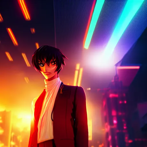 Prompt: Lelouch Lamperouge in a neon city, octane render 8k, atmospheric render, myserious man, professional render, volumetric light, artstation, redshift render, low angle camera, eccentric face