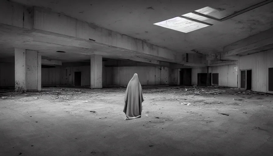 Prompt: a hooded figure standing in an abandoned mall, dark photography