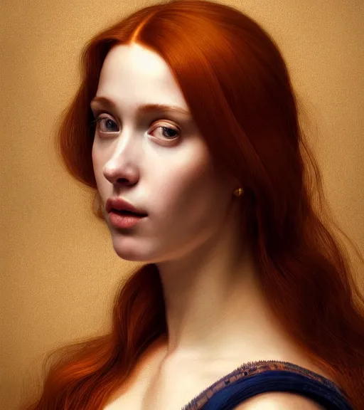 Prompt: portrait of a beautiful auburn - haired woman sitting upon a table with heightened detail, poised, intense emotion, detailed facial expression, detailed surroundings, intricate, elegant, highly detailed, centered, digital painting, artstation, concept art, smooth, sharp focus, illustration, by ( leonardo da vinci ), wlop