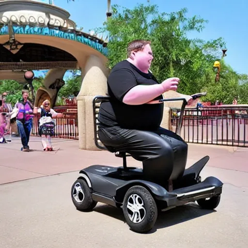 Prompt: a morbidly obese rat!!!!!!!!!!!!! riding a mobility scooter at disneyworld, photo