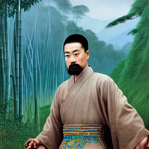 Prompt: a stunning intricate portrait of a chineseman, traditional Han Dynasty clothing, long and flowing robe and pants, His hair is pulled back in a tight queue, mustache and goatee, He is standing in front of a bamboo forest, with mountains in the distance, by wu daozi, Peter Mohrbacher, Paul Delvaux