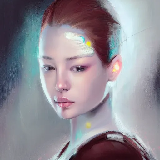 Prompt: a portrait of female young robotic ai artist painting onto a canvas, trending on art station, cosmic, beautiful, by wlop